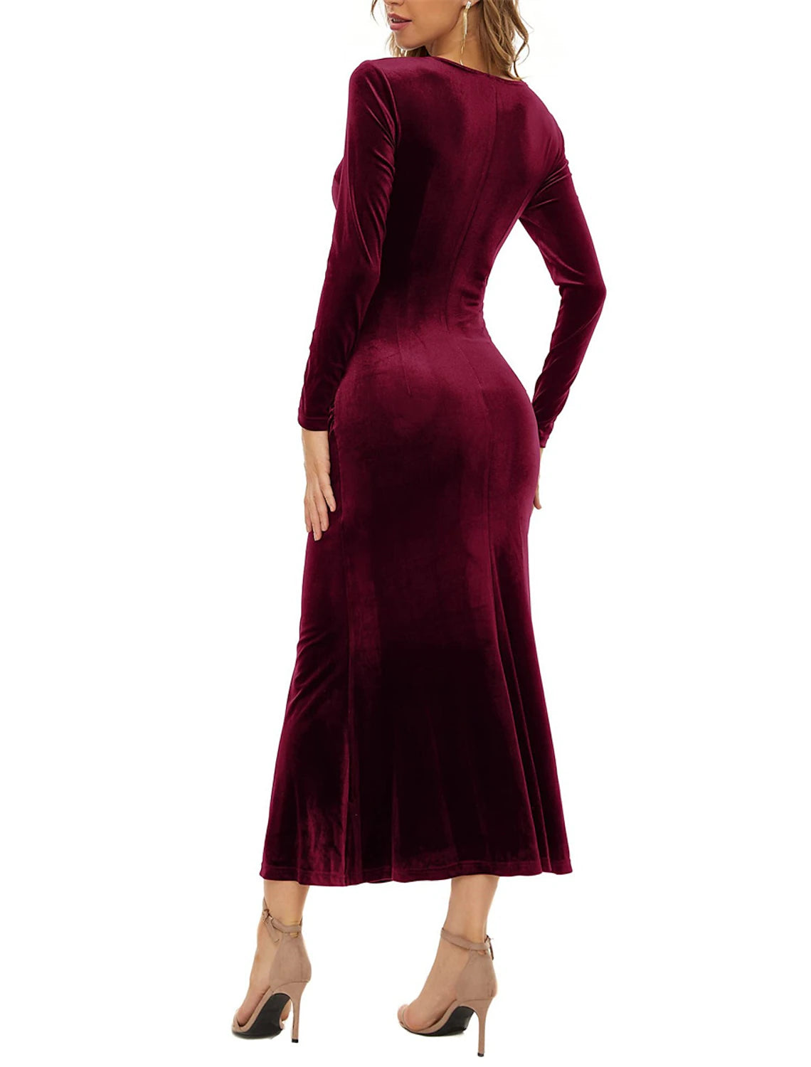 Vestido de fiesta de Navidad para mujer, vestido de terciopelo, vestido largo, vestido maxi, negro, vino, verde oscuro, manga larga, color puro, fruncido, primavera, otoño e invierno, cuello en V.